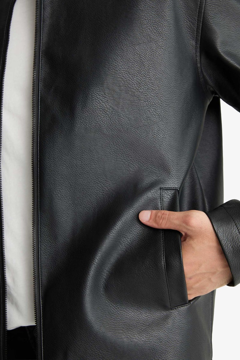 DeFacto Black Man Waterproof Slim Fit Stand Collar Faux Leather Jacket Casual - Image 5